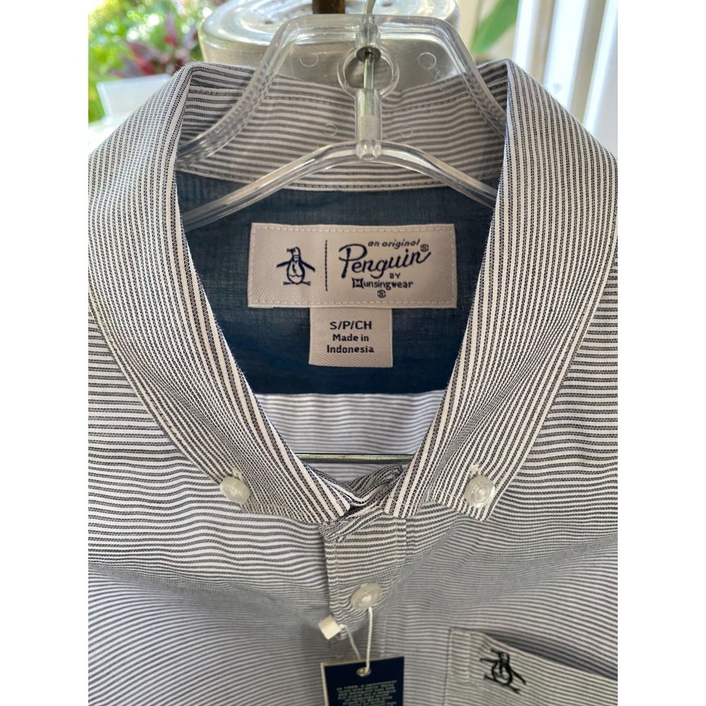 NWT Penguin Dark Sapphire & White Striped Cotton SS Button Down Shirt Size S - Picture 3 of 7
